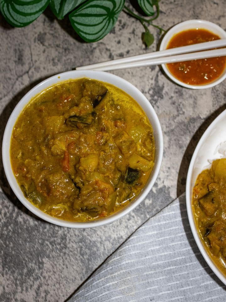 Eggplant potato curry with coconut milk.
