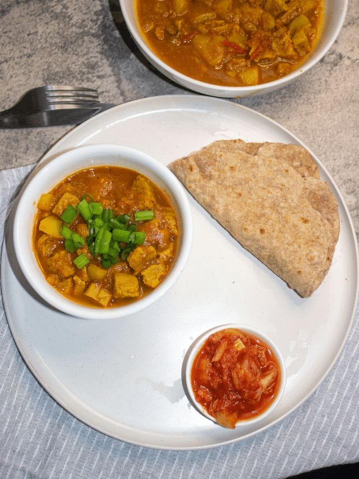 Soya chunks potato curry in a pressure cooker.
