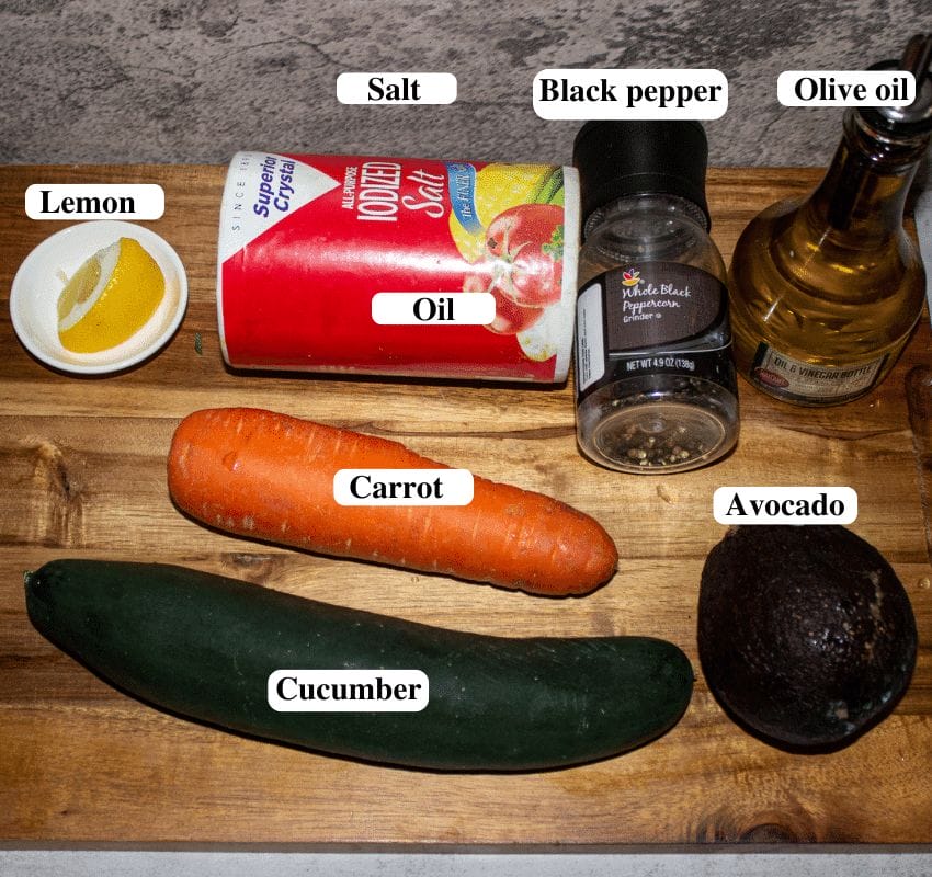 INGREDIENTS FOR AVOCADO CUCUMBER CARROT SALAD