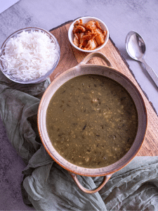 kalo dal recipe - served with rice and kimchi