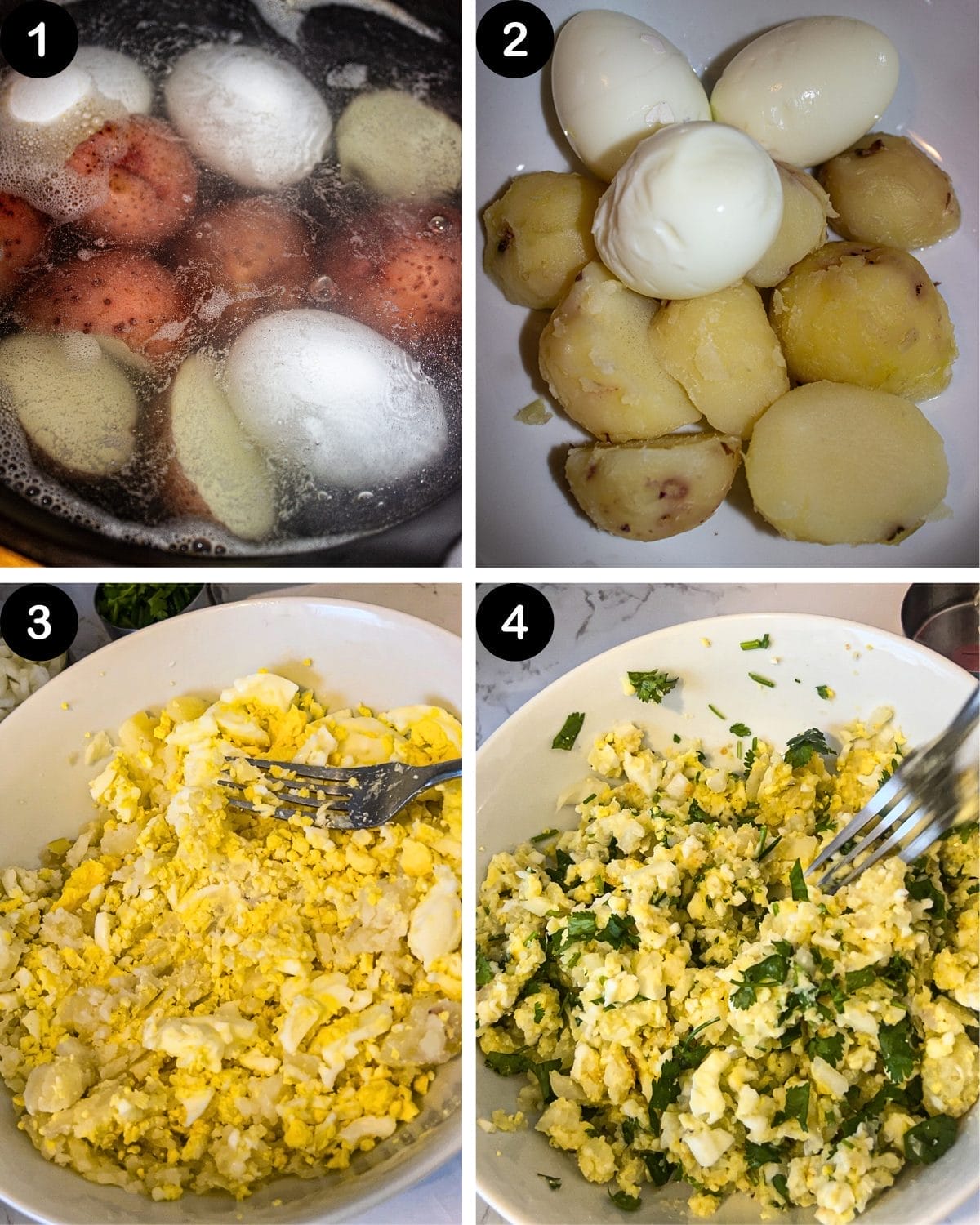 BOIL POTATO, PEEL AND SMASH POTATOES AND EGG